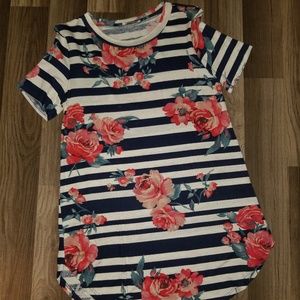 Navy and white stripe with roses top